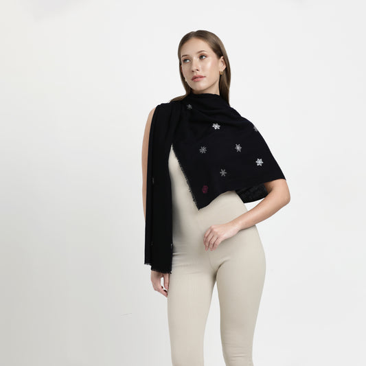 Minimal Embroidery Snow Flakes Navy Stole