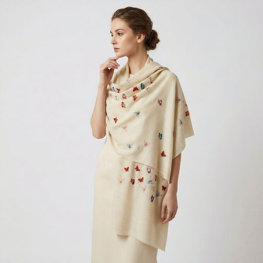 Minimal Butterfly Embroidered Ivory Vibrant Shawl