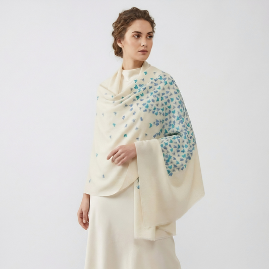Butterfly to Butterfly Embroidered Ivory & Teal Shawl