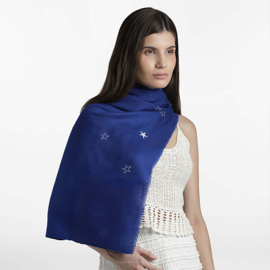 Minimal Embroidery Corner Stars Royal Blue Stole