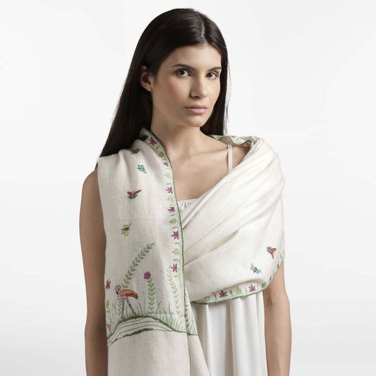 Mordern Embroidey Ivory Butterflies & Flamingos Shawl