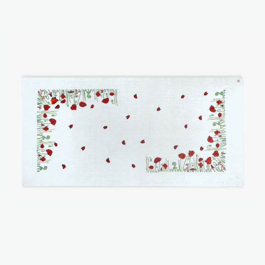 Handwoven cashmere displayed flat, Poppy Ivory Butidar Radial Dye Shawl