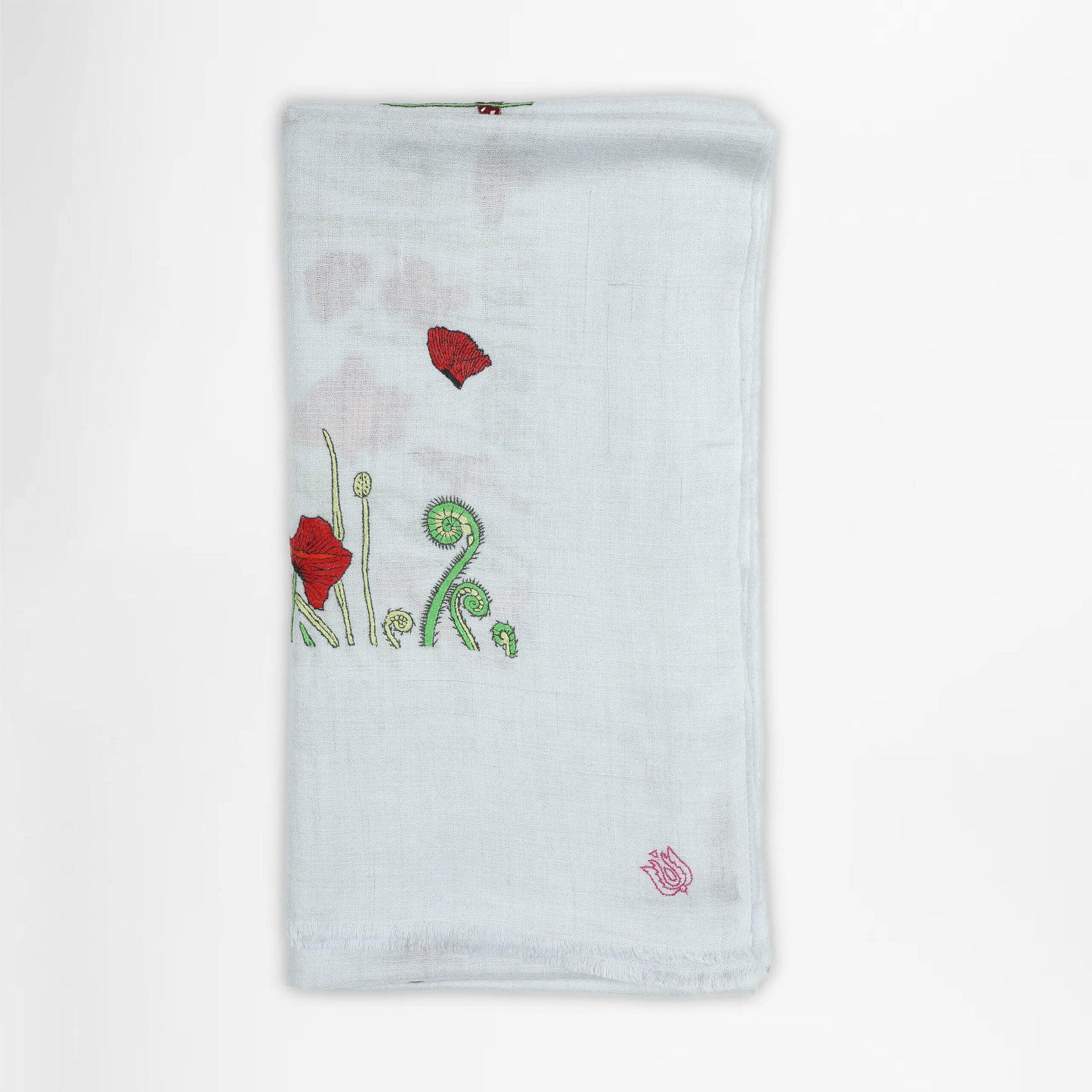 Folded view showing the texture of handwoven cashmere, Poppy Ivory Butidar Radial Dye Shawl