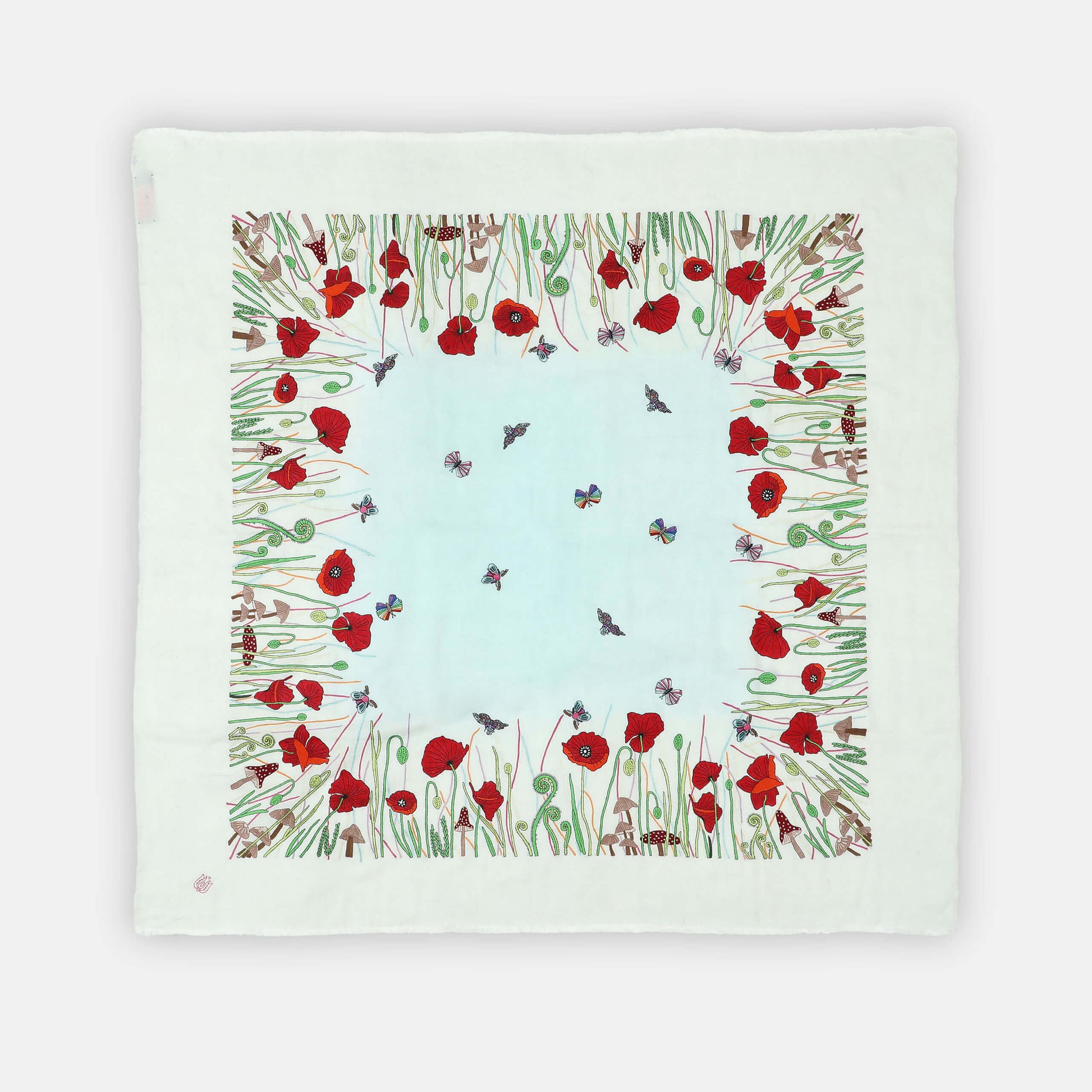 Handwoven cashmere displayed flat, Poppy Ivory Psychedelic Bugs Radial Dye Carre