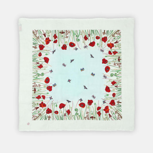 Handwoven cashmere displayed flat, Poppy Ivory Psychedelic Bugs Radial Dye Carre