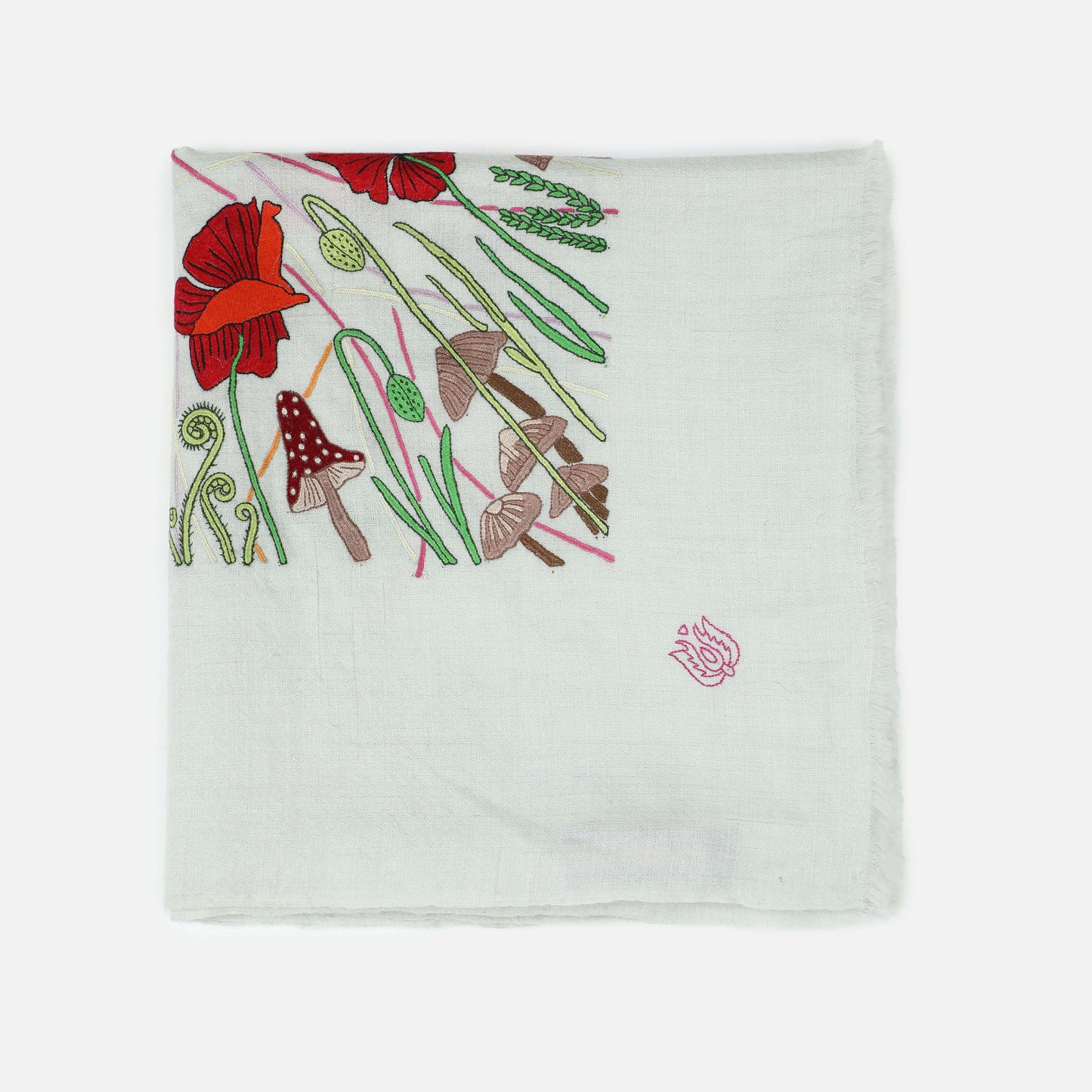 Folded view showing the texture of handwoven cashmere, Poppy Ivory Psychedelic Bugs Radial Dye Carre