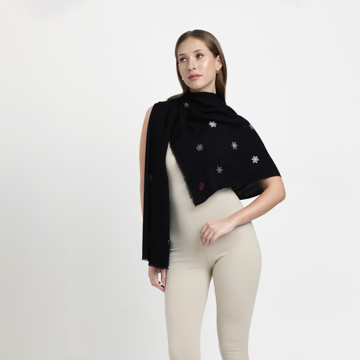 Minimal Embroidery Snow Flakes Navy Stole