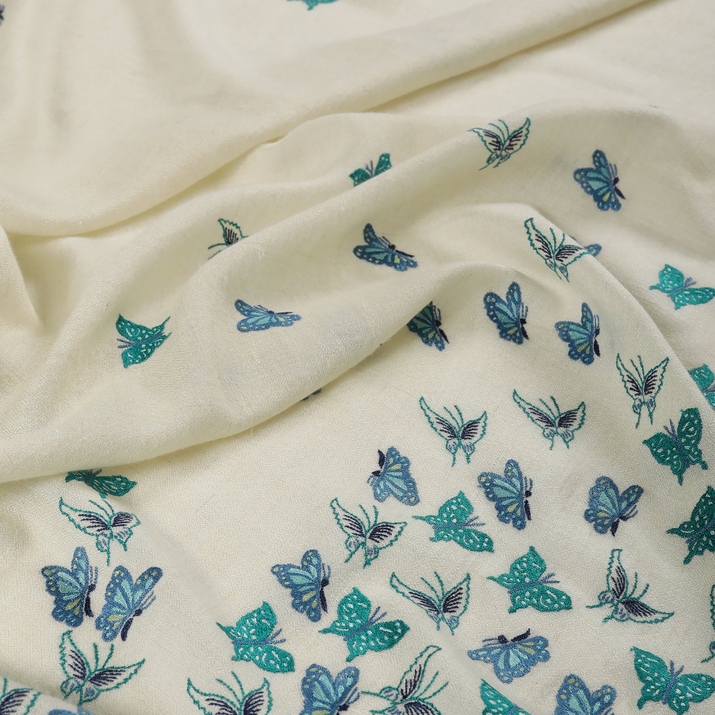 Butterfly to Butterfly Embroidered Ivory & Teal Shawl