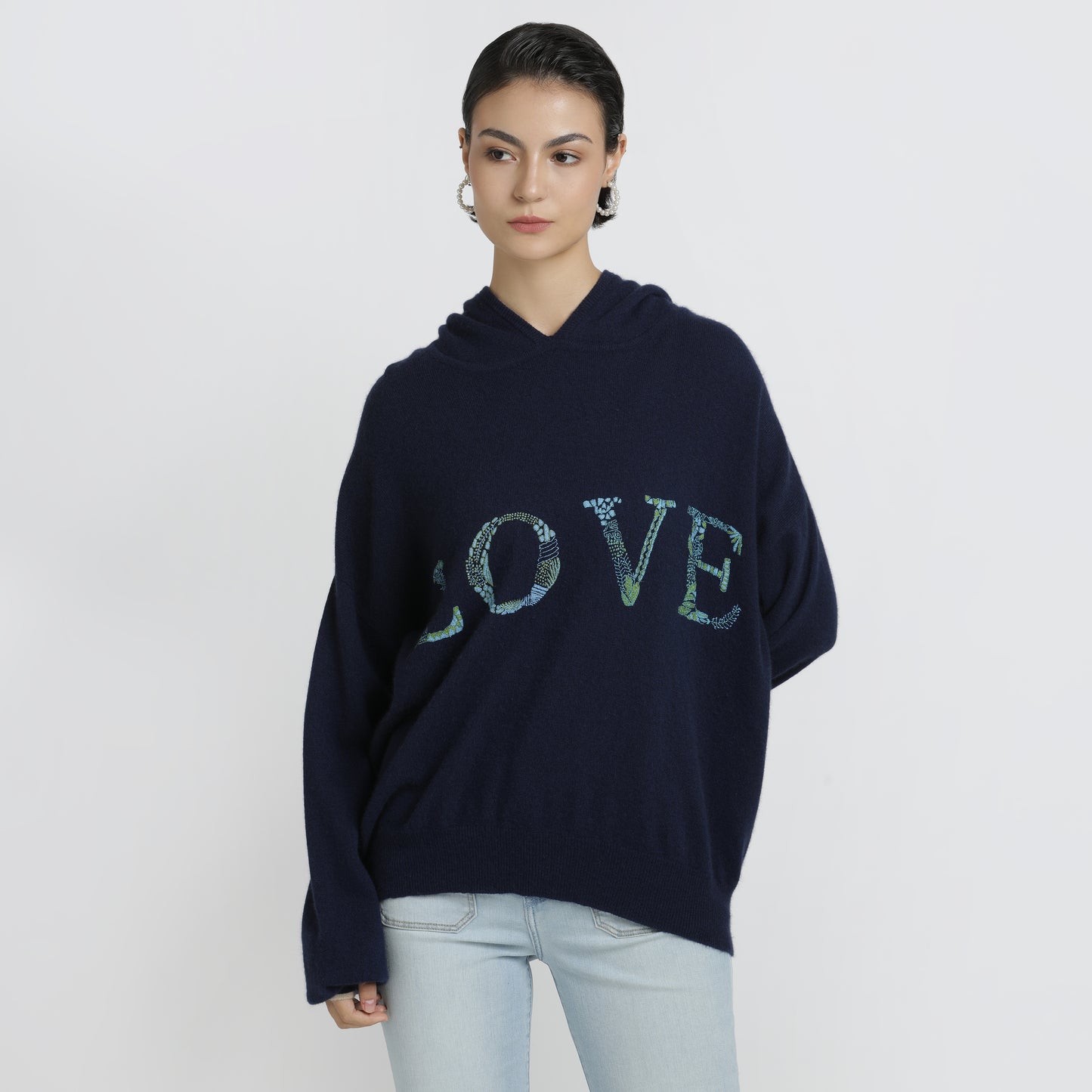 Embroidered Hoodie Navy Blue Love S/M
