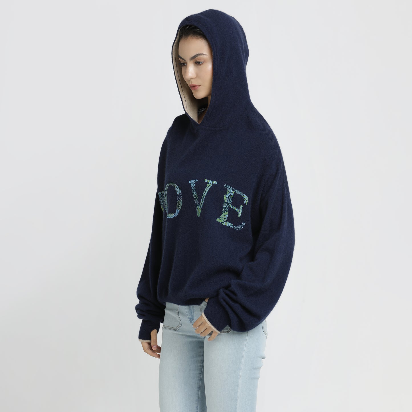 Embroidered Hoodie Navy Blue Love S/M