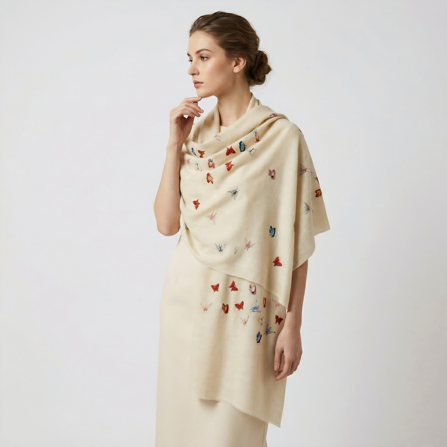 Minimal Butterfly Embroidered Ivory Vibrant Shawl