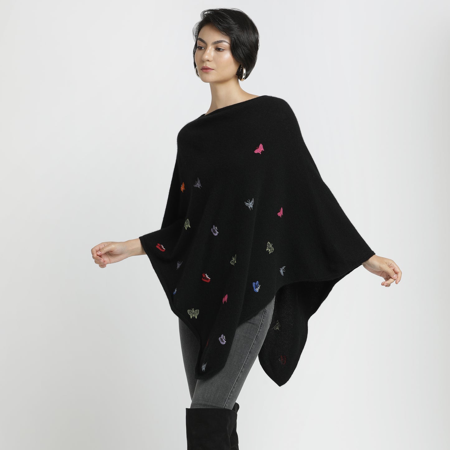 Embroidered Poncho Black Butterfly Multi S/M