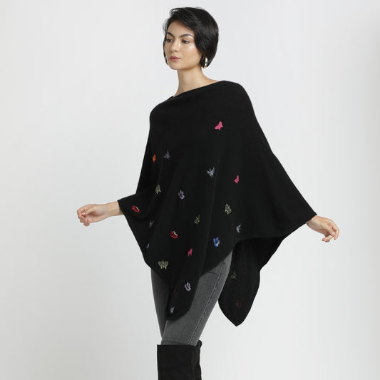 Embroidered Poncho Black Butterfly Multi S/M
