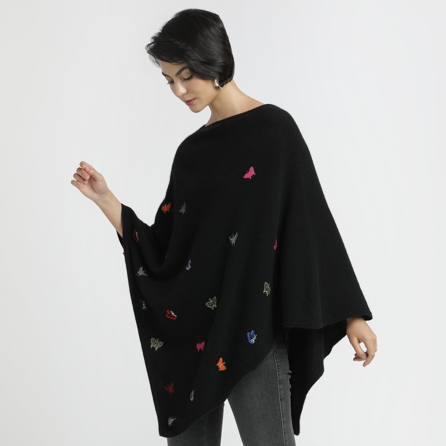 Embroidered Poncho Black Butterfly Multi S/M