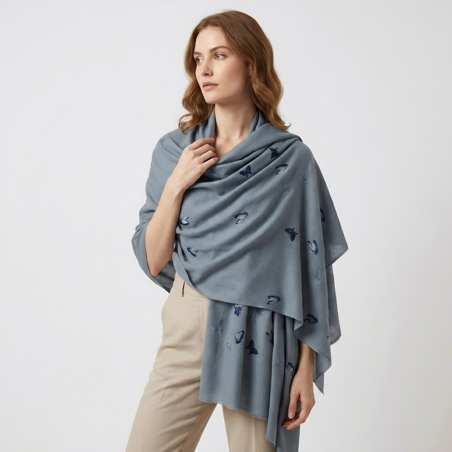 Butterfly Embroidered Baby Blue Shawl