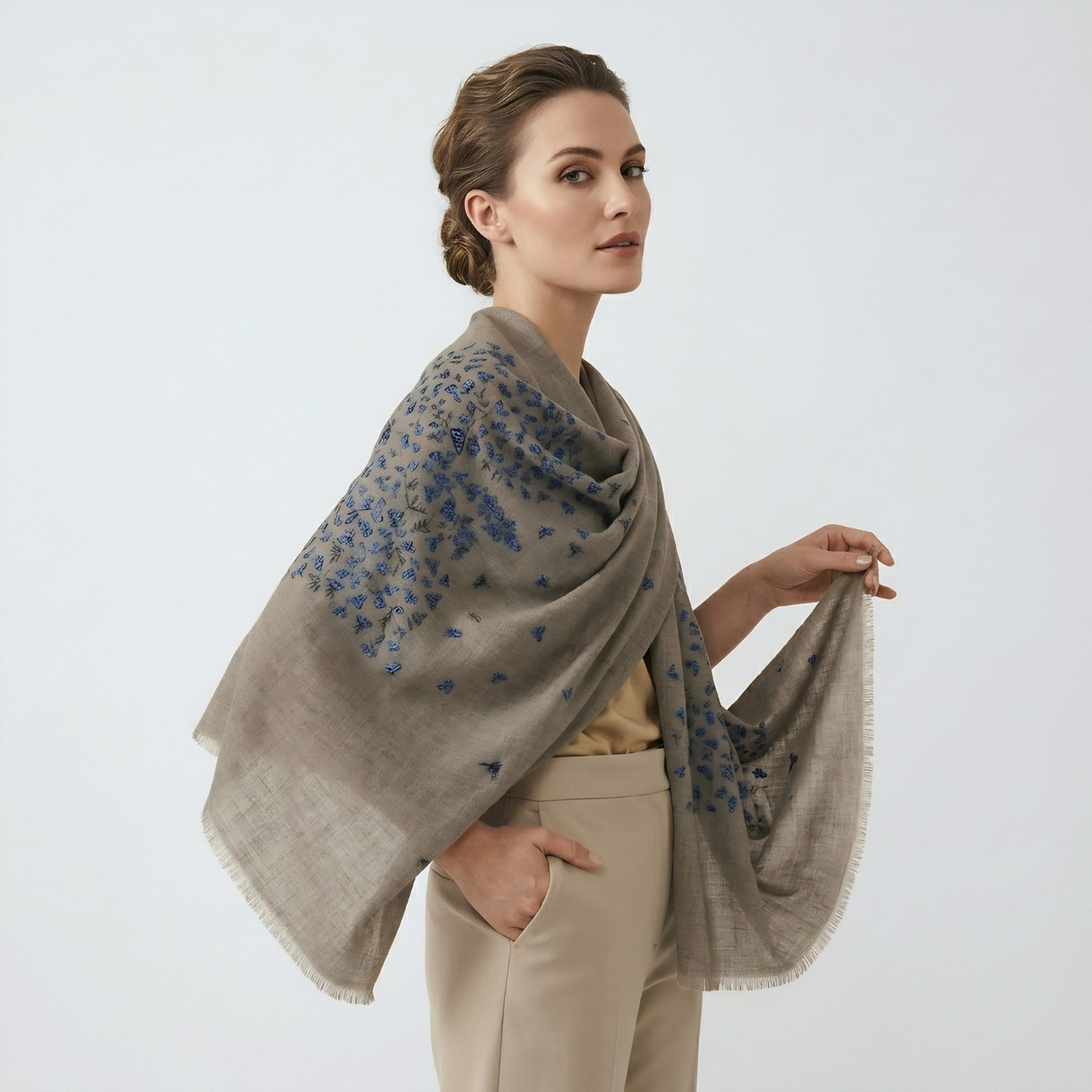 Butterfly to Butterfly Embroidered Natural & Blue Shawl