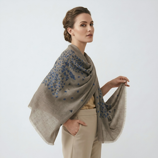 Butterfly to Butterfly Embroidered Natural & Blue Shawl