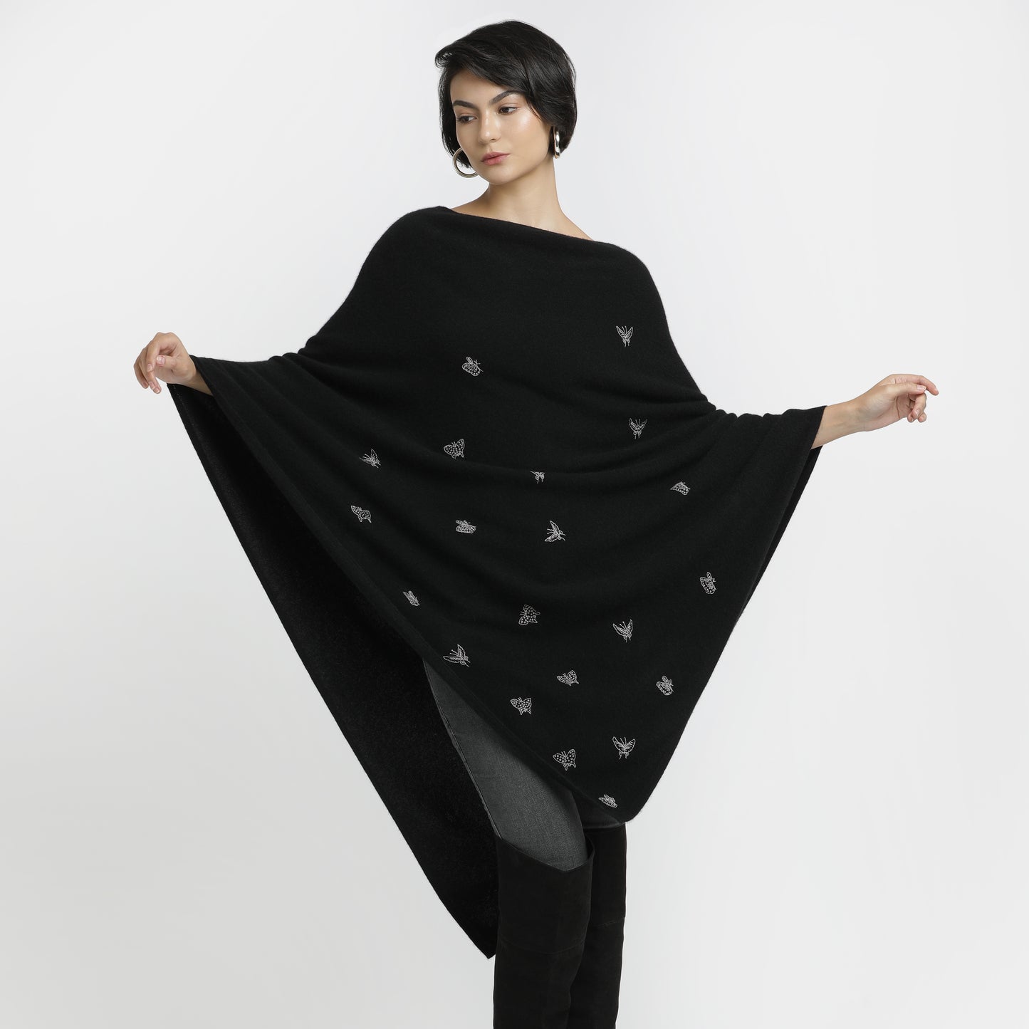 Embroidered Poncho Black Butterfly L/XL