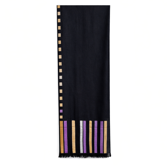 Fringes Dark Brown with Gold and Purple Embroidery Shawl
