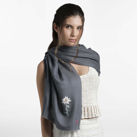 Minimal Embroidery Grey Edelweiss Stole