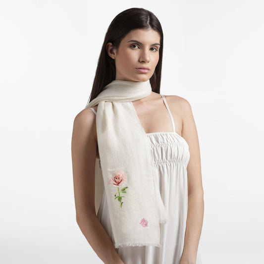 Minimal Embroidery Ivory Rose Stole