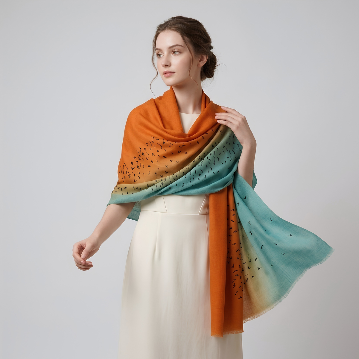 Highend Birds Embroidered Turquoise & Orange Shawl