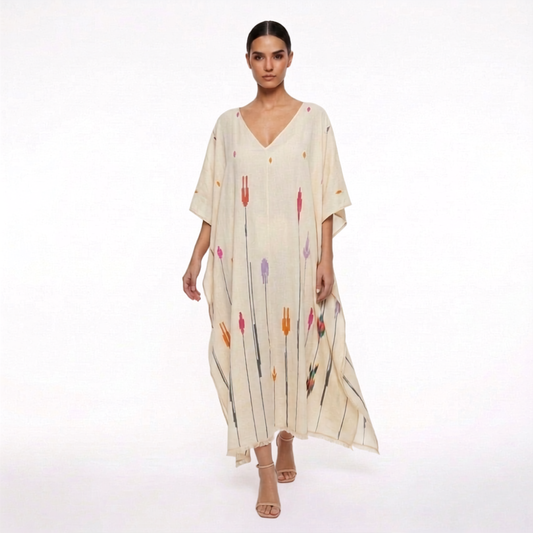 Jamdani Dew White Cotton Kaftan