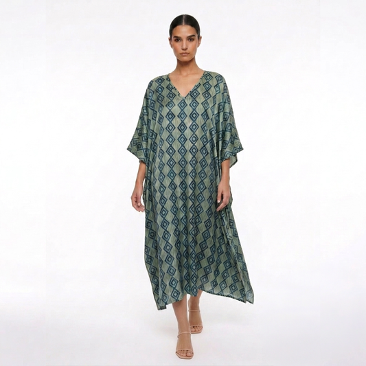 Ajrakh Geometric Blue & Green Silk Kaftan