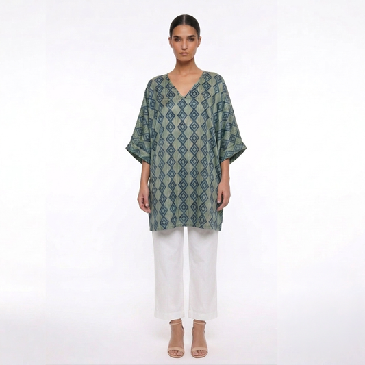Ajrakh Geometric Blue & Green Silk Tunic