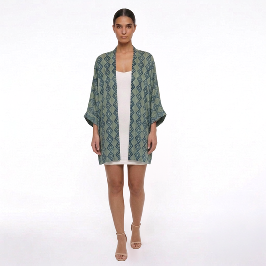 Ajrakh Geometric Blue & Green Silk Robe