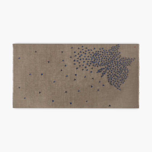 Butterfly to Butterfly Embroidered Natural & Blue Shawl