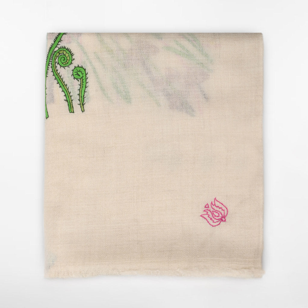Folded view showing the texture of handwoven cashmere, Poppy Ivory Butidar Stole