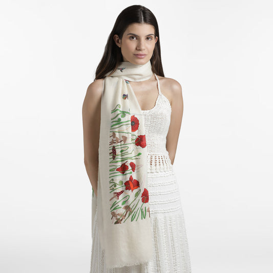 Model wearing handwoven cashmere, Poppy Ivory Butidar Stole